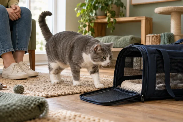 A dignified adult gray and white cat quietly approaching an open navy carrier in a warm adoption meeting room, a seated human visible only from knees down, hopeful gentle connection.