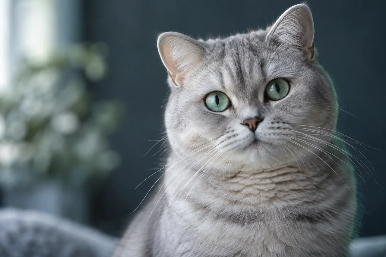 Silver cat with pale green eyes, looking toward the camera.