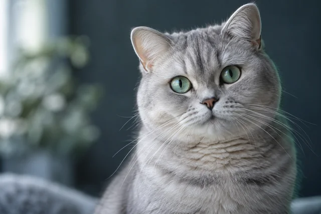 Silver cat with pale green eyes, looking toward the camera.