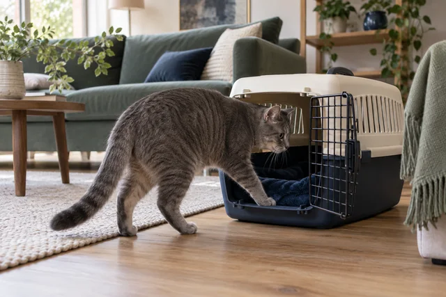 A curious gray cat voluntarily stepping into an open sturdy cream carrier with navy bedding, one paw just crossing the threshold.