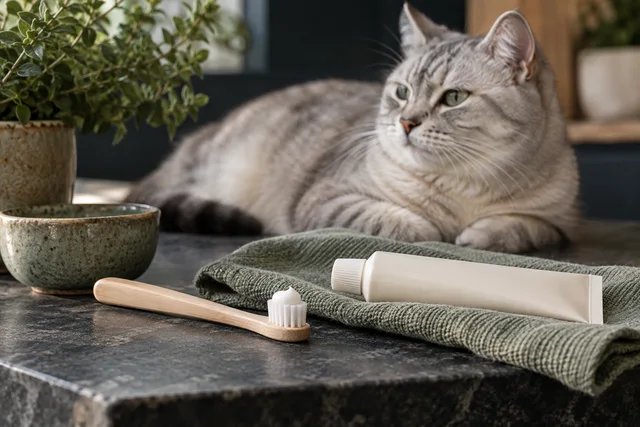 Macro editorial still life of a small soft cat toothbrush, an unbranded ivory pet toothpaste tube, and a folded sage linen cloth on dark stone, a relaxed silver cat softly out of focus behind.