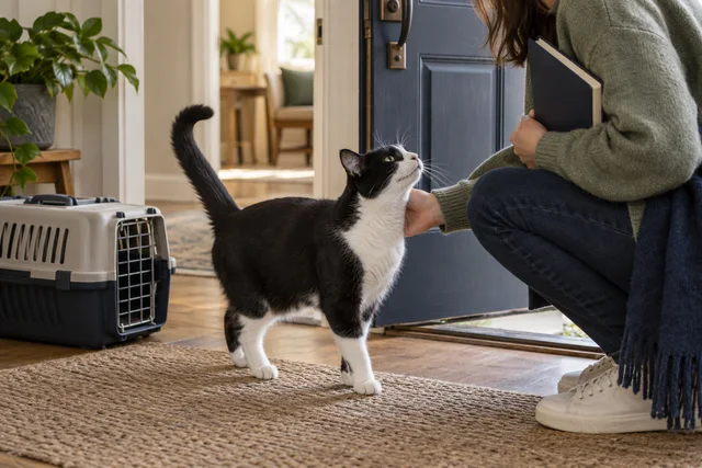 A friendly tuxedo cat greeting a crouching caregiver at a doorway, caregiver visible only from shoulder down holding a closed notebook, another closed cat carrier on hallway floor, warm domestic scene, no readable words.