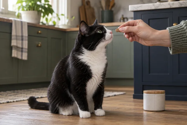 A healthy tuxedo cat attentively watching a human hand offer one tiny cat treat at nose level in a quiet kitchen, small simple treat jar closed on counter, no human food.