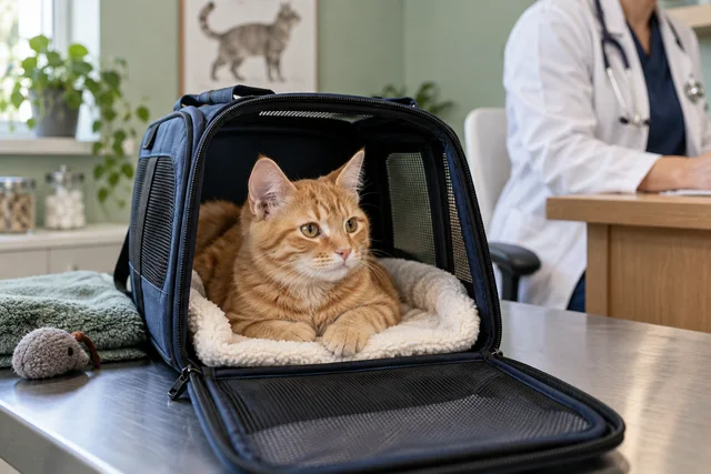 A relaxed young ginger cat resting in an open navy carrier in a clean sage veterinary consultation room, veterinarian torso seated at a desk in blurred background, no face visible and no needles or procedure.