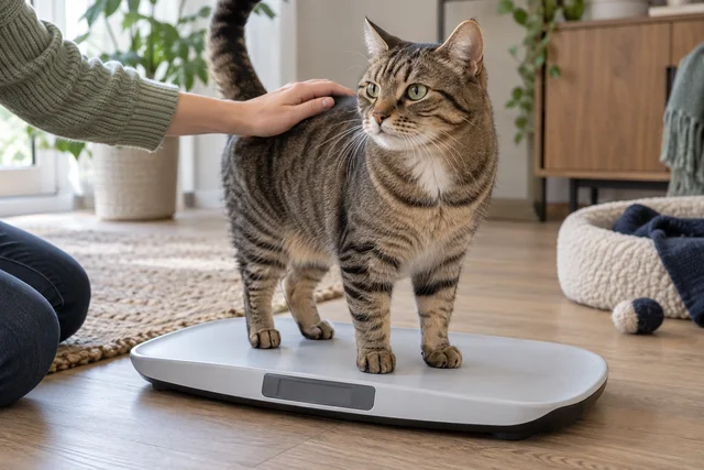 A healthy adult tabby voluntarily standing on a wide flat low-profile veterinary pet scale, gentle caregiver nearby with only hand visible, unbranded scale display blank and not readable.