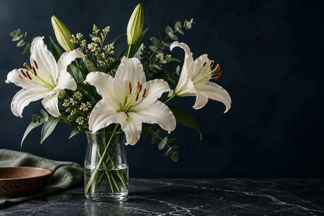 Elegant botanical still life of white true lily flowers in a clear vase against a deep navy background, isolated on dark stone.