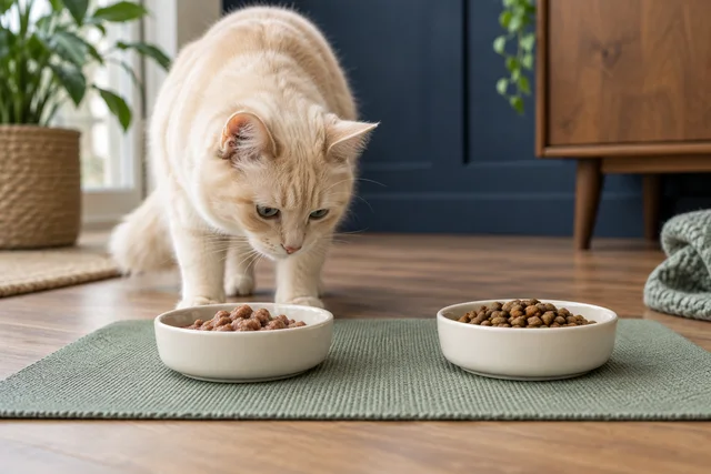 A curious cream cat investigating two small separate ivory ceramic dishes with different complete cat foods, spaced apart on a clean muted sage mat.