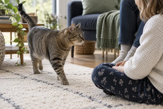 A calm tabby voluntarily approaching a young child seated quietly on a cream rug, side view of child from shoulders down only, hands resting in lap, supervising adult legs softly visible nearby, respectful space between cat and child.