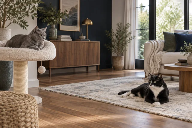Two healthy cats in a refined modern home: a gray cat rests on a raised cream perch on the left, a tuxedo cat relaxes on the floor to the right, generous space between them and open routes through the room.