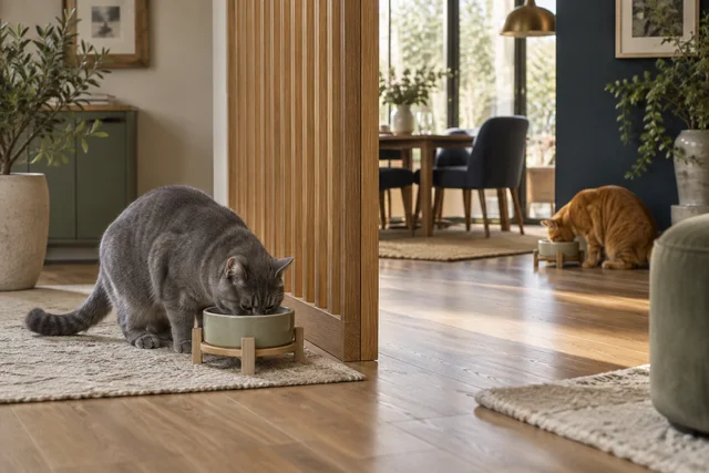 Wide refined interior with a gray cat eating at a bowl in foreground left and a ginger cat at its own separate bowl several meters away beyond an oak partition.