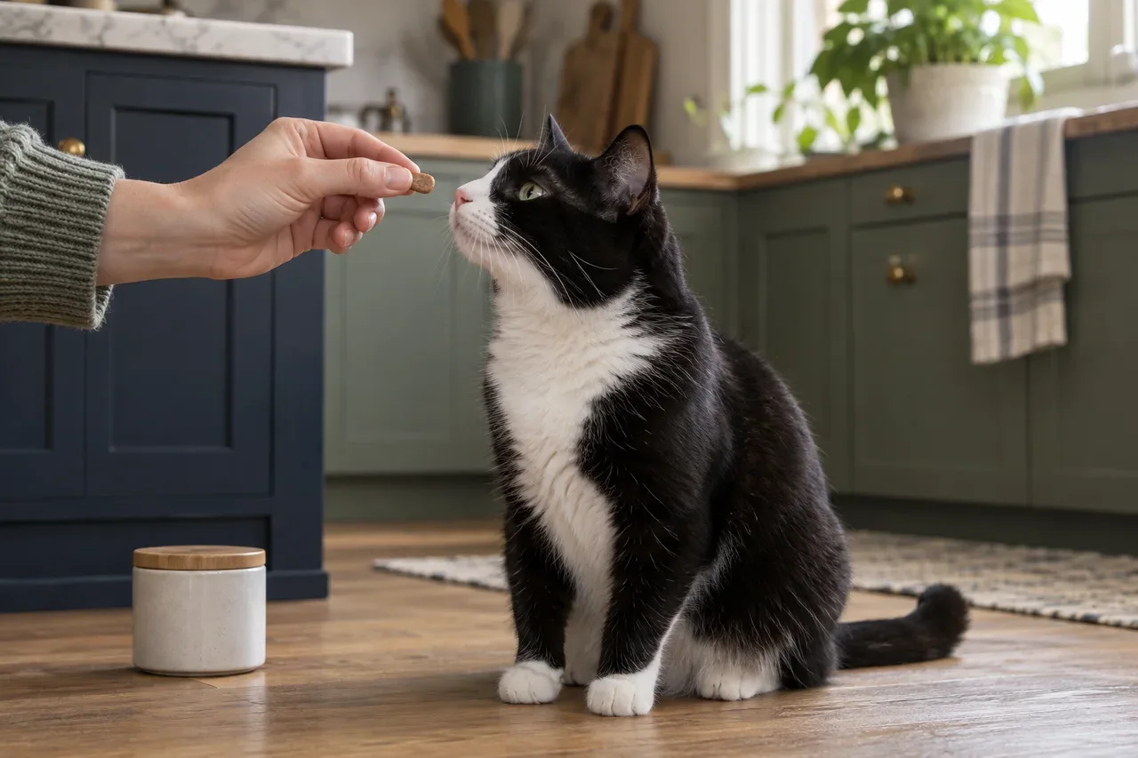 Un gato tuxedo sentado sobre el suelo de madera de la cocina, mirando con atención una sola golosina pequeña en la mano de una persona.