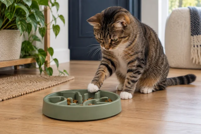An inquisitive tabby cat gently touching a simple sage green shallow slow-feeder tray with one paw, a few visible pieces of dry cat food in easy wide compartments, clean oak floor.