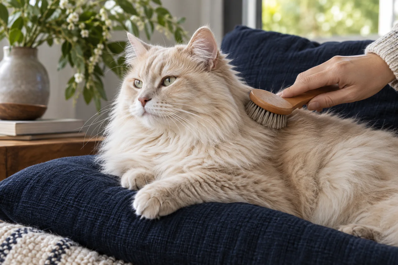 A relaxed long-haired cream cat being gently brushed on its shoulder with a small soft grooming brush, only one human hand visible, comfortable navy linen cushion, natural fine fur detail, no restraint.