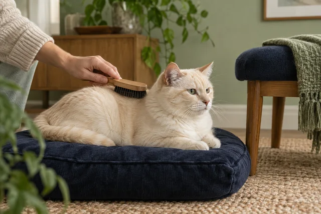 A mature cream cat being gently brushed along its back while resting on a low navy cushion beside a stable footstool, only caregiver hand visible, soft sage room, comfortable supported daily-care moment.