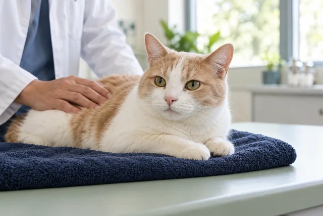 Relaxed cream cat resting on a towel during a veterinary examination.