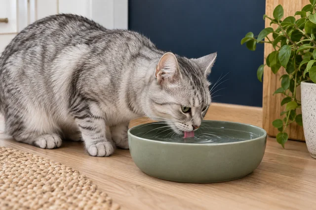 Close side view of a healthy silver cat lapping fresh water from a broad shallow sage ceramic bowl, tiny natural ripple visible, clean kitchen corner with navy wall and pale wood.