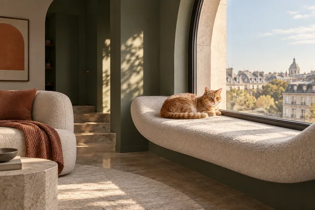 A ginger cat enjoying a secure window perch in a sunlit home.
