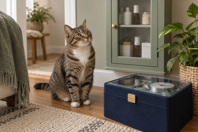 Thoughtfully arranged safety still life: securely closed navy storage box holding a spool of ribbon behind transparent lid, closed medicine cabinet in background, curious healthy tabby sitting safely on floor.