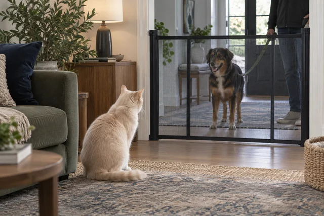 A calm cream cat observing a relaxed medium dog through a securely closed indoor mesh safety gate, wide view shows the dog several meters beyond with a loose leash held by an adult partially visible.