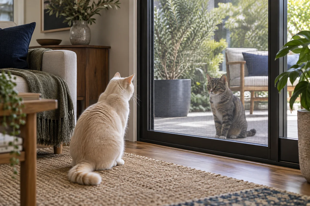 Two curious cats calmly observing each other at a generous distance on opposite sides of a securely closed fine-mesh indoor screen doorway.