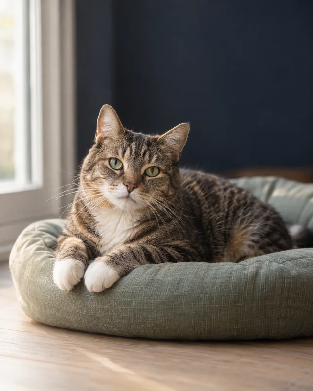 An older tabby cat resting in a soft, easy-to-reach bed.