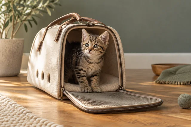Tabby kitten looking out from an open, comfortable cat carrier.