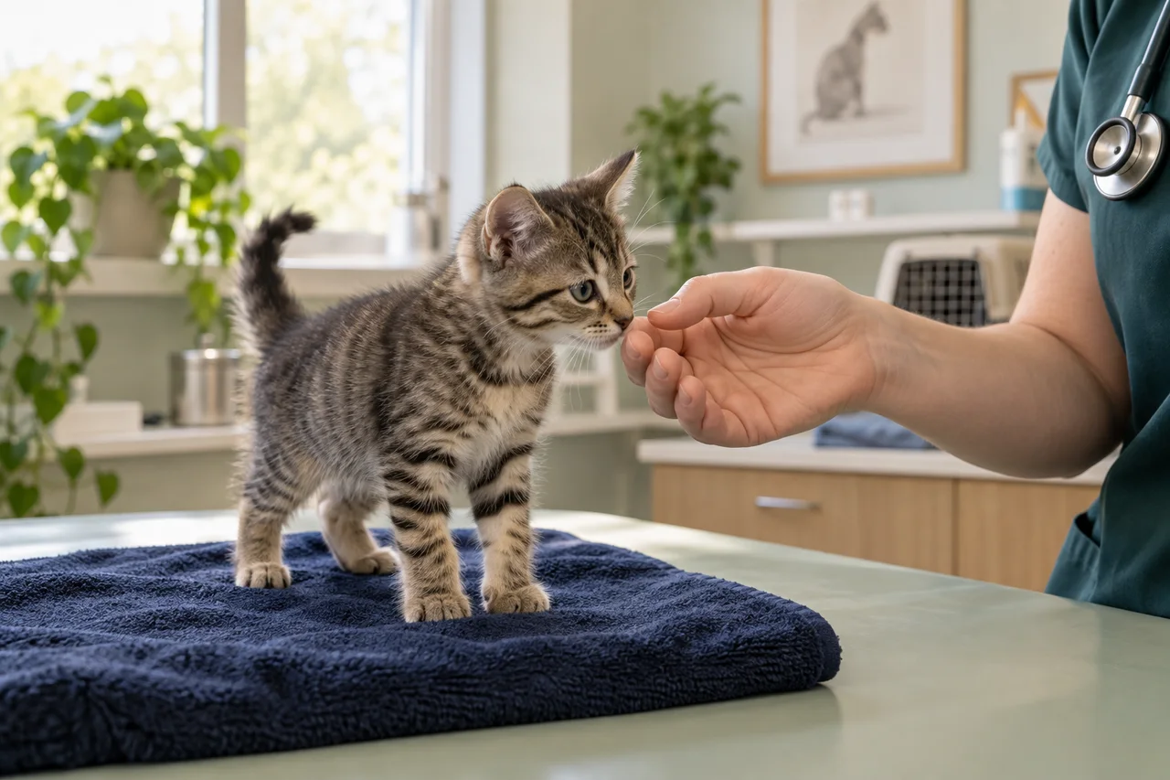 A curious small tabby kitten standing comfortably on a navy towel on a pale sage veterinary table, a gentle veterinary hand offered for kitten to sniff rather than restraining.