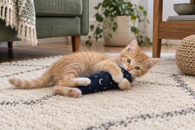 A tiny playful ginger kitten hugging a soft navy fabric kicker toy with its front paws while lying sideways on a cream rug, relaxed playful expression, entire kitten visible, no human hand as toy.