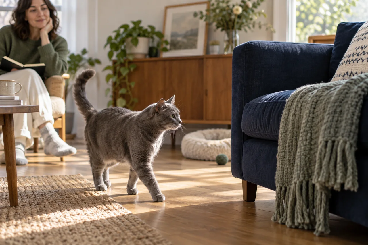 An adult gray cat calmly walking along a warm sunlit floor toward its favorite navy sofa, a seated caregiver in soft-focus background quietly watching with an open blank notebook.