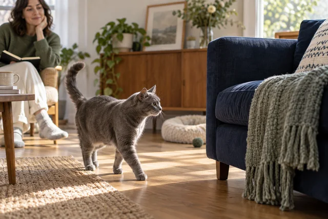 An adult gray cat calmly walking along a warm sunlit floor toward its favorite navy sofa, a seated caregiver in soft-focus background quietly watching with an open blank notebook.