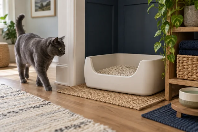 A beautiful clean cat resource corner: large uncovered ivory litter tray with low entry and clean unscented-looking litter in a quiet alcove, charcoal cat calmly approaching from the side, no elimination, separate from food.