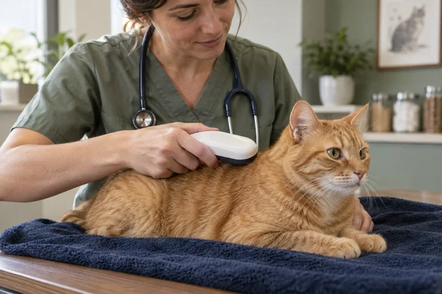 A veterinarian gently holding a small unbranded white microchip scanner just above the shoulders of a relaxed ginger cat on a navy towel.