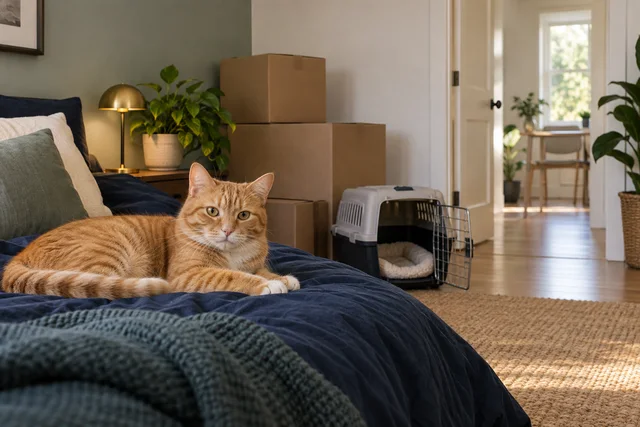 A healthy ginger cat relaxing on familiar navy bedding in a quiet room with a few neatly closed unmarked moving boxes, carrier open nearby, warm light and safe uncluttered pathway.