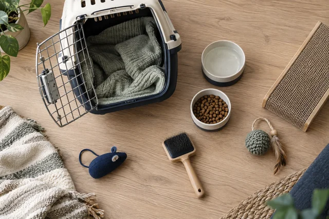 Top-down editorial flat lay of minimal new-cat essentials on pale oak: open cream carrier with sage blanket, two ceramic bowls, sturdy small cardboard scratcher, safe chunky toy and brush.