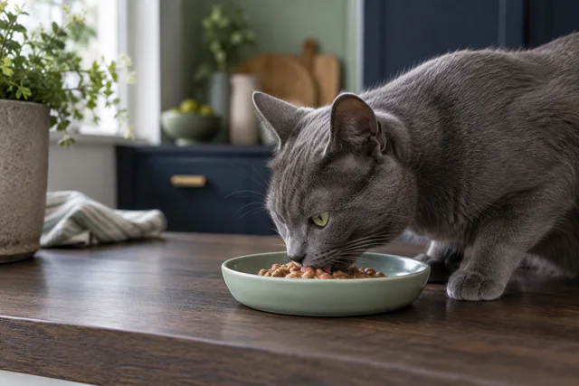 Charcoal cat eating from a shallow mint ceramic bowl.