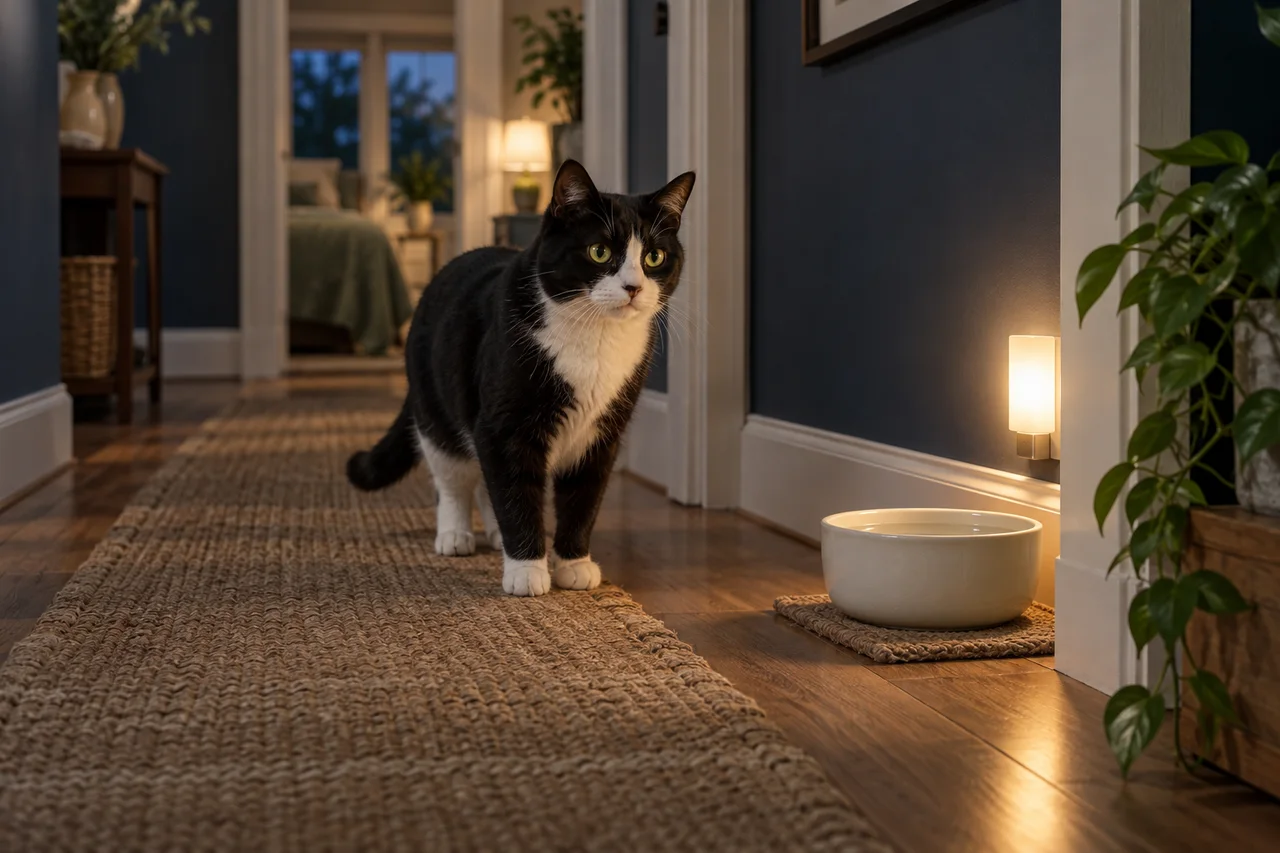 A mature tuxedo cat calmly standing in a softly lit navy hallway at evening, a low warm night light illuminating the clear path to an ivory water bowl.