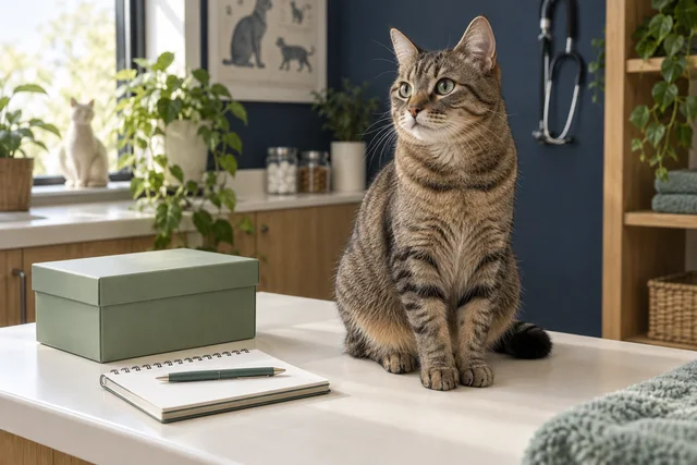 A healthy tabby cat sitting on an ivory veterinary table beside a closed unbranded sage pet-care box and an unmarked calendar notebook.