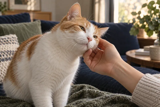 Close intimate side portrait of a calm white and ginger cat voluntarily leaning its cheek into the fingertips of a relaxed human hand.