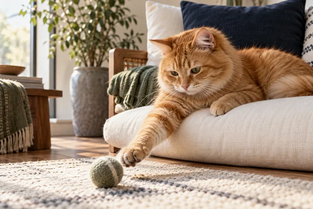 A mature ginger cat comfortably reclining on an ivory cushion and reaching a front paw a short distance toward a soft felt ball, relaxed low-effort game, warm window light, no jumping.