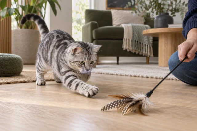 A graceful young silver tabby cat crouching low and playfully reaching one front paw toward a small feather wand toy on a pale oak floor.