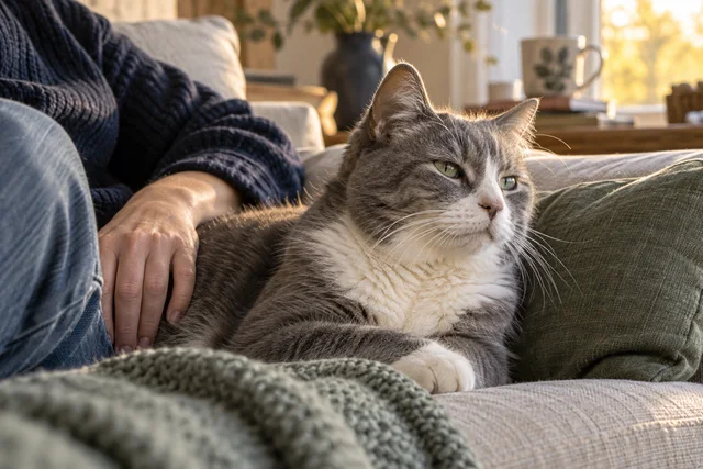 Close intimate portrait of an elderly gray and white cat resting contentedly beside a person on a linen sofa, one relaxed human hand nearby without restraint, golden late-afternoon light on white whiskers.