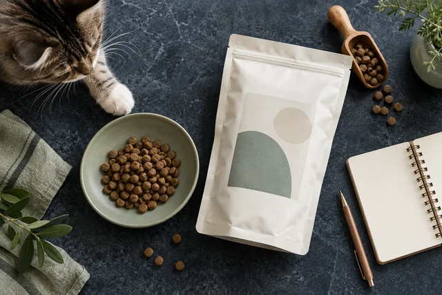Refined overhead still life on a navy stone counter: unbranded matte ivory cat-food pouch with an abstract blank label, a shallow sage ceramic dish, measured kibble and a notebook with blank pages.