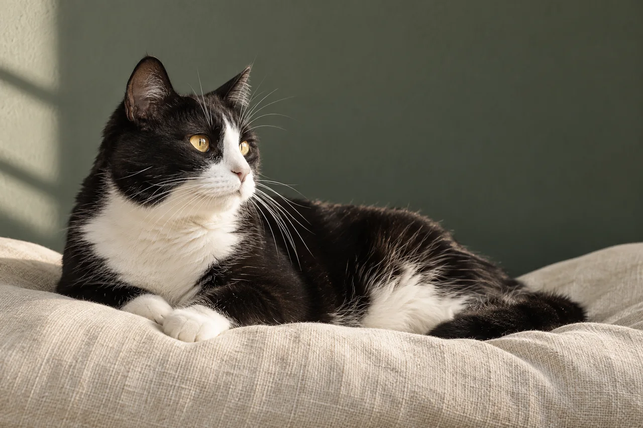 Mature black and white cat resting on an ivory cushion.