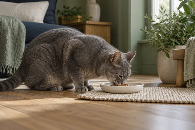A mature gray cat enjoying a small meal from a shallow ivory bowl on an easily accessible low feeding mat, cozy sage room with soft linen textures, peaceful side view at floor level.