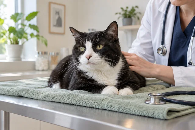 An older black and white cat resting calmly on a sage towel in a bright minimalist veterinary room, veterinarian hands gently near the shoulder and a stethoscope resting on table beside them, no restraint.