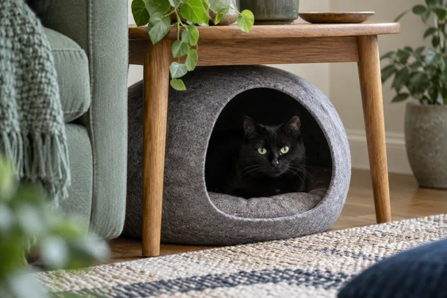 A quiet black cat watching from inside a roomy felt hideaway beneath an oak side table, open escape route visible, softly lit attentive eyes.