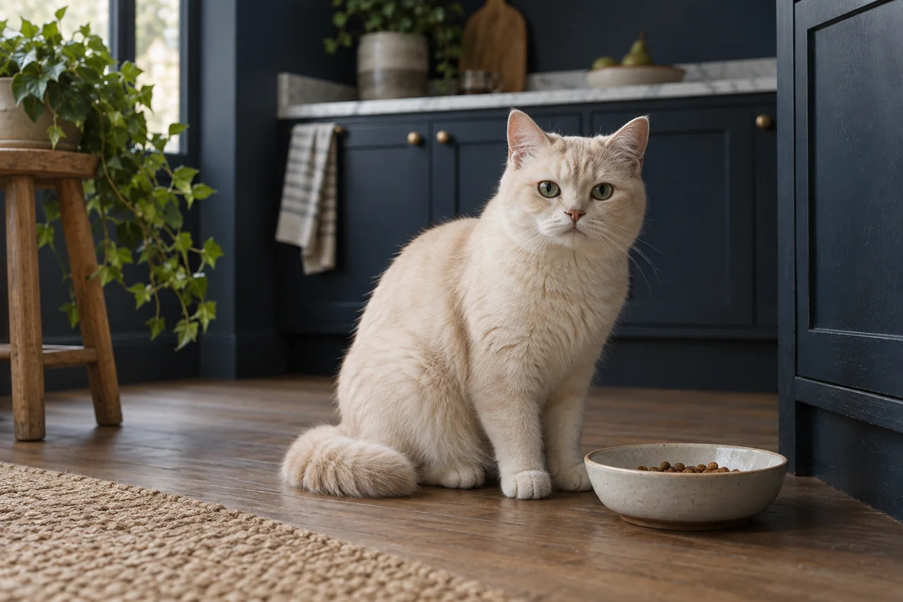 A thoughtful cream cat sitting beside a shallow ceramic bowl with food left in it, gaze directed toward camera, neutral calm posture, quiet navy kitchen corner.
