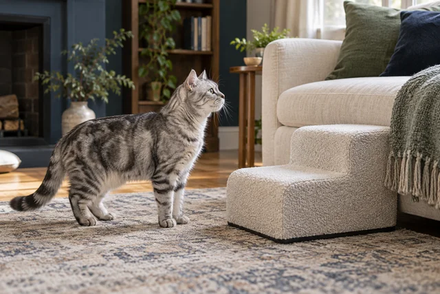 A mature silver tabby thoughtfully pausing beside a short stable upholstered step leading to a favorite cream sofa, side profile, all four paws on the floor, calm respectful mood, no visible distress.