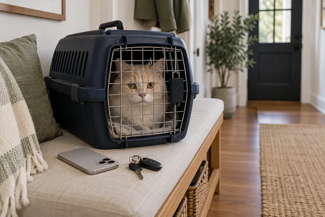 A closed sturdy navy cat carrier with a calm cream cat visible through its front grille, placed beside a neutral smartphone face down and car keys on a pale hallway bench.