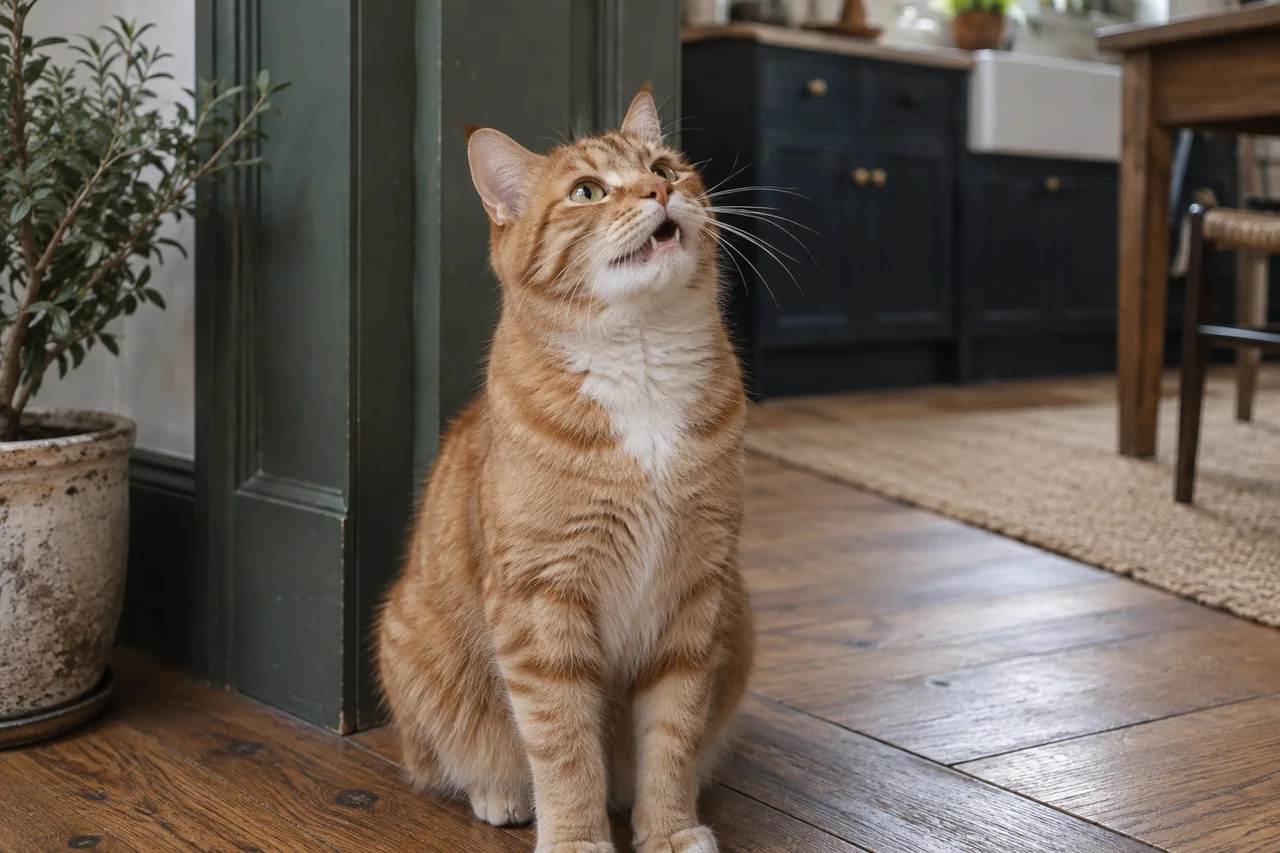 A charming ginger cat sitting upright beside a dark sage kitchen doorway, looking upward at an unseen person and giving a small natural meow, mouth just slightly open.